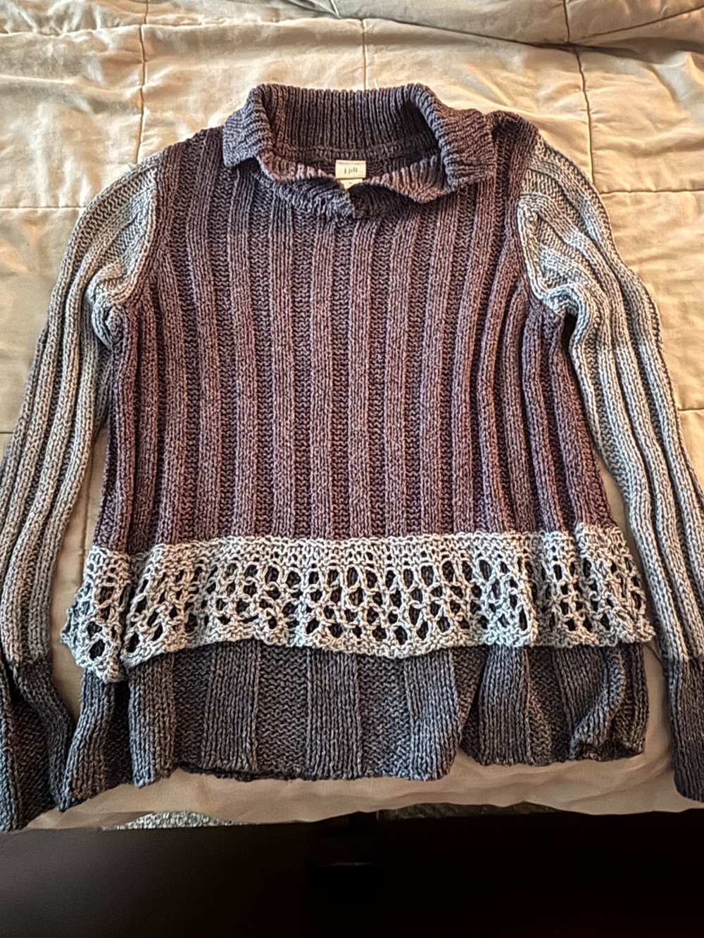 J. Jill Gray Ribbed Knit Crew Sweater with Light Gray Crochet Trim